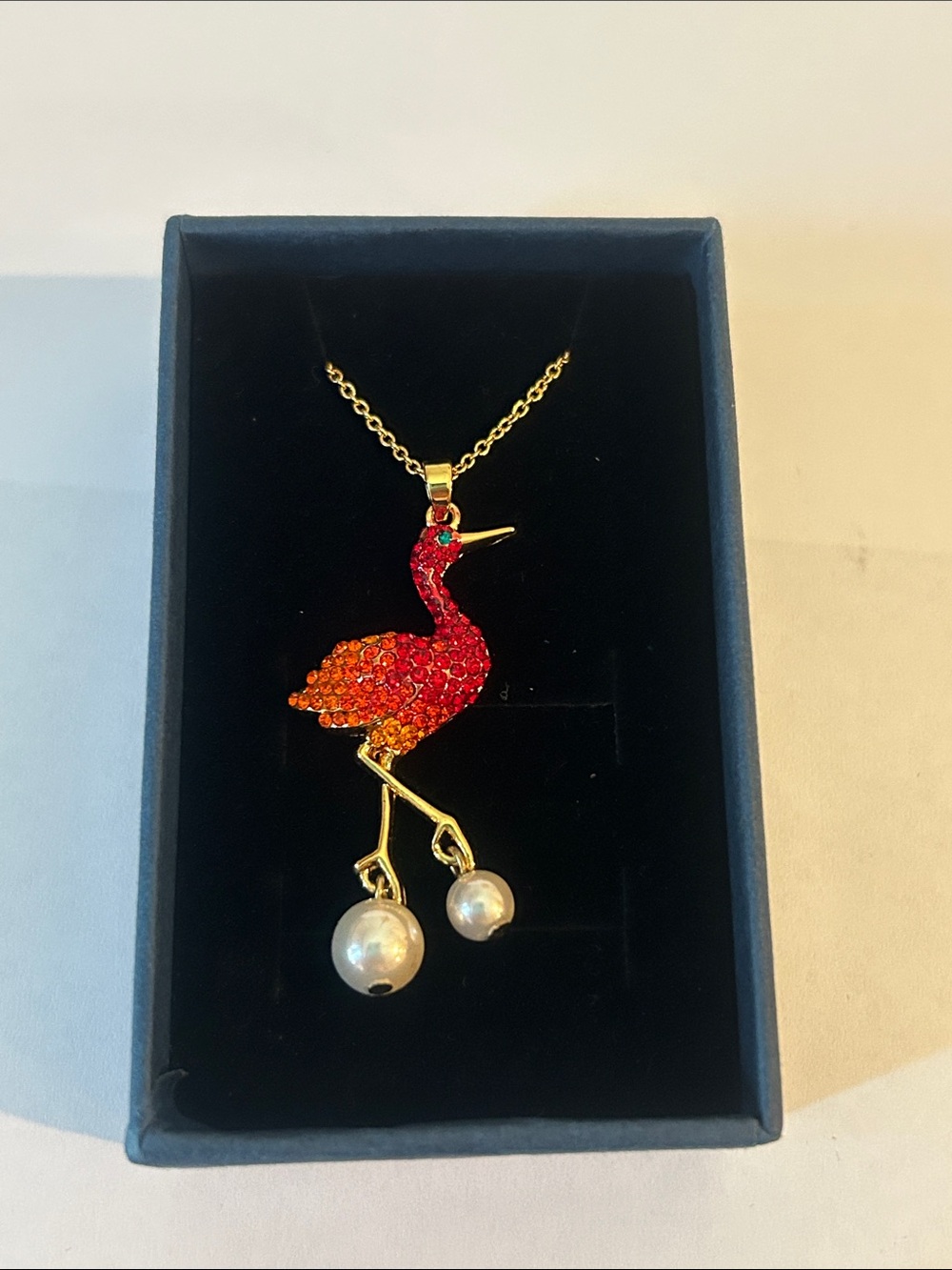 NIB Gold-Tone Red Orange Flamingo Pendant Necklace with Pearl Drops